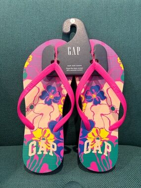 GAP Bright Floral Flip Flops with Pink Straps